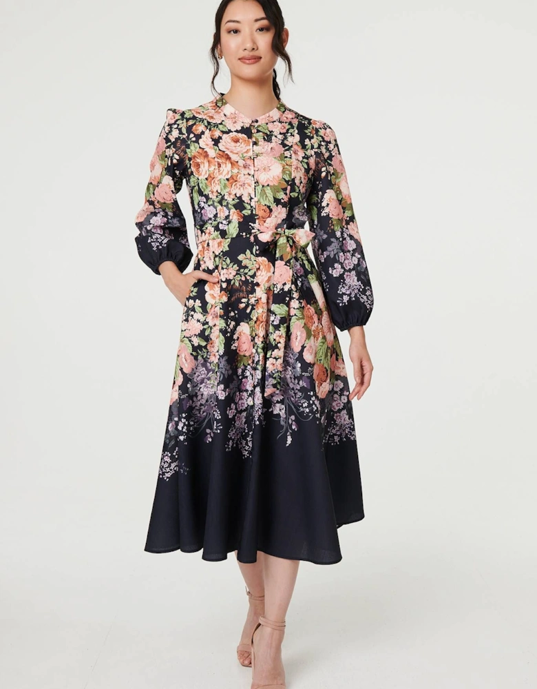Floral Tie Waist A-Line Midi Dress