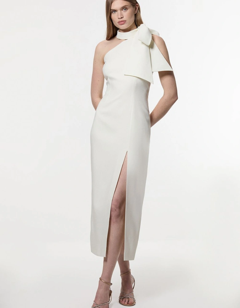Petite Satin Bow Tie Neck Tailored Midi Dress