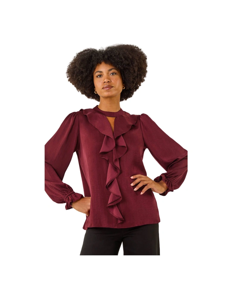 Ruffle Front Keyhole Satin Top