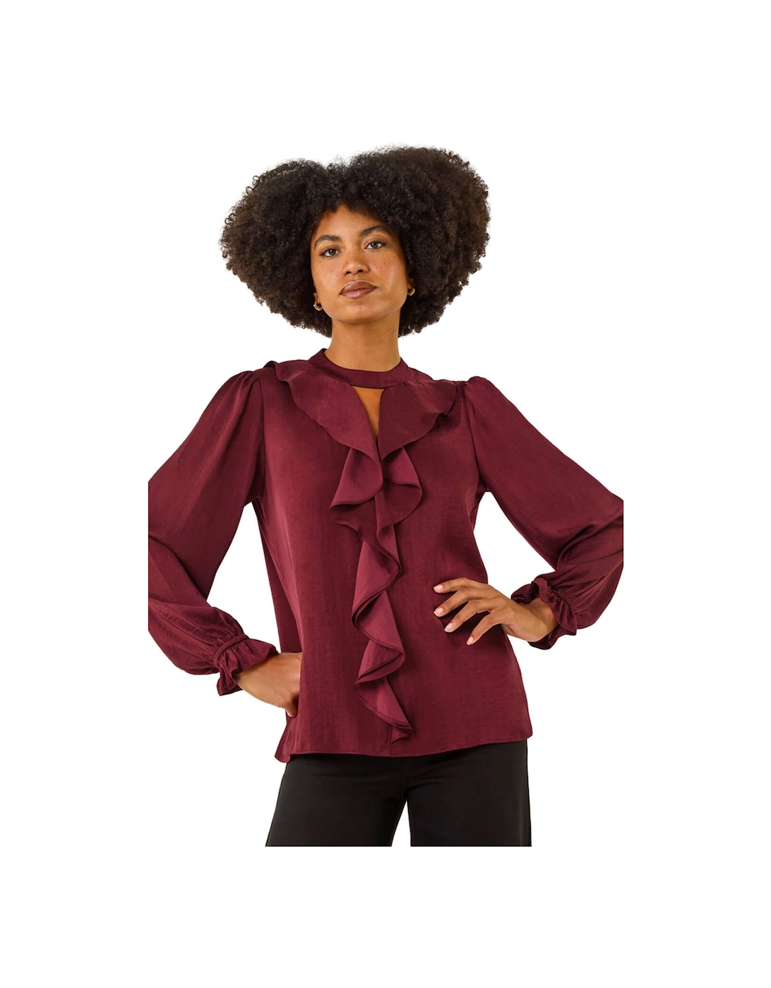 Ruffle Front Keyhole Satin Top, 2 of 1