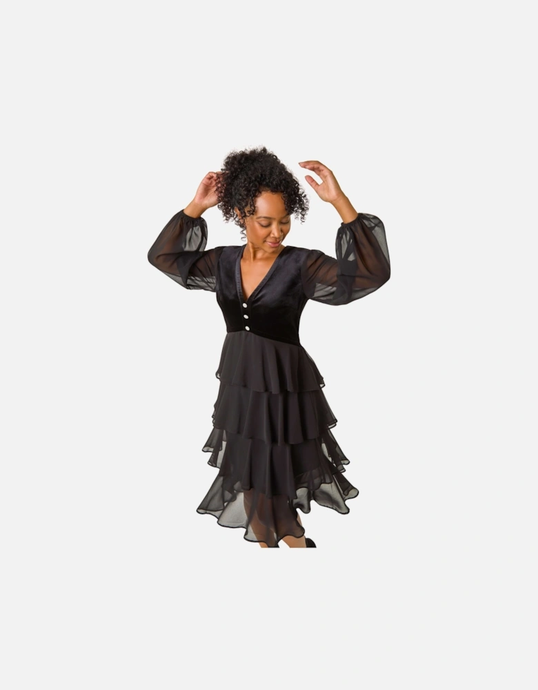 Petite Velvet Tiered Midi Stretch Dress