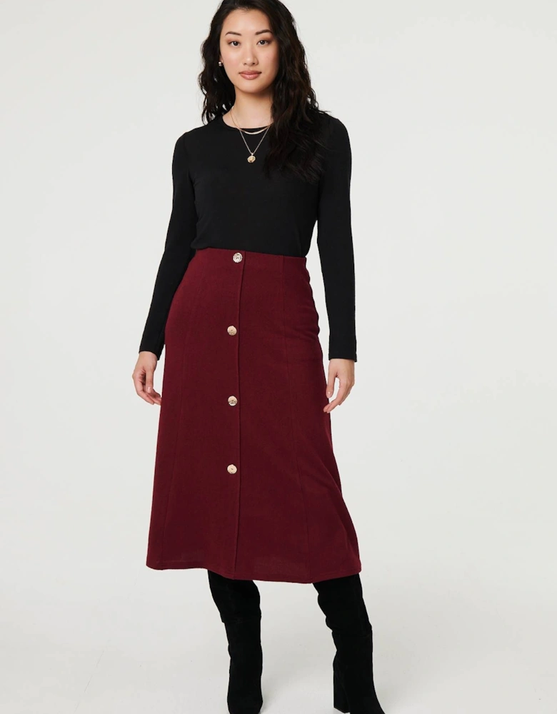 Buttoned High Waist A-Line Midi Skirt