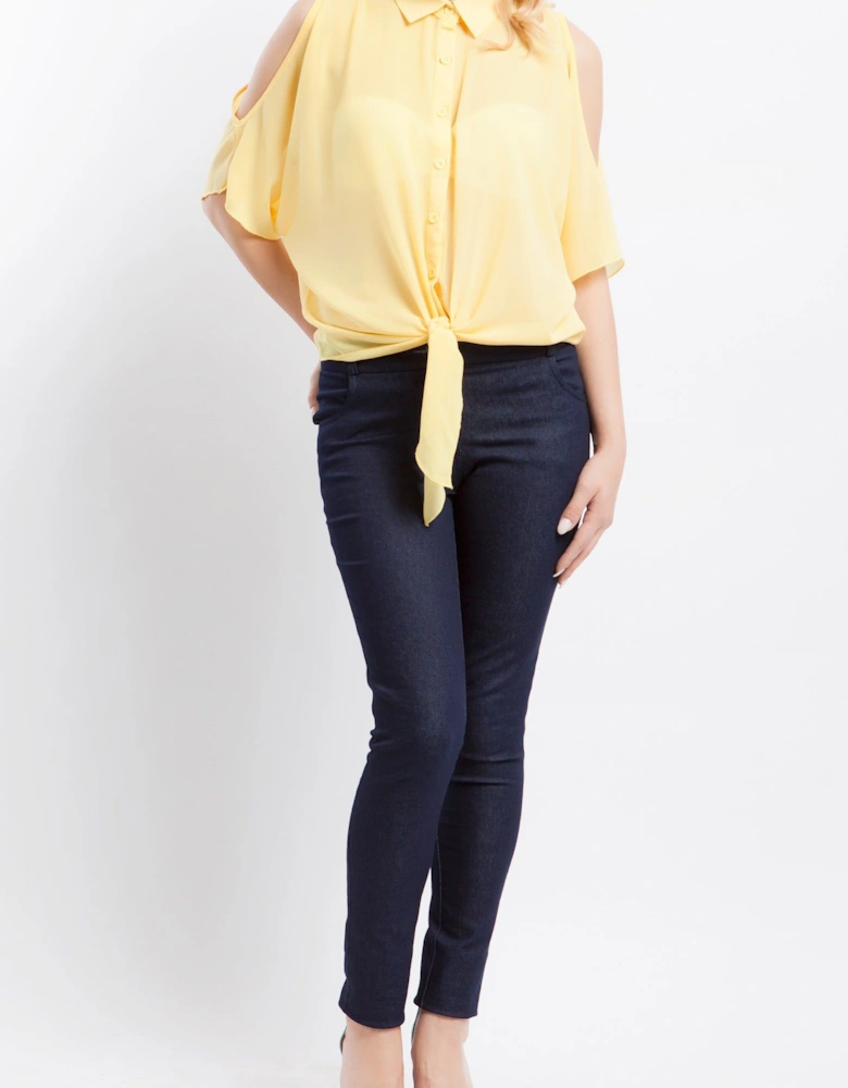 Button-Up Cold Shoulder Tie-Front Blouse