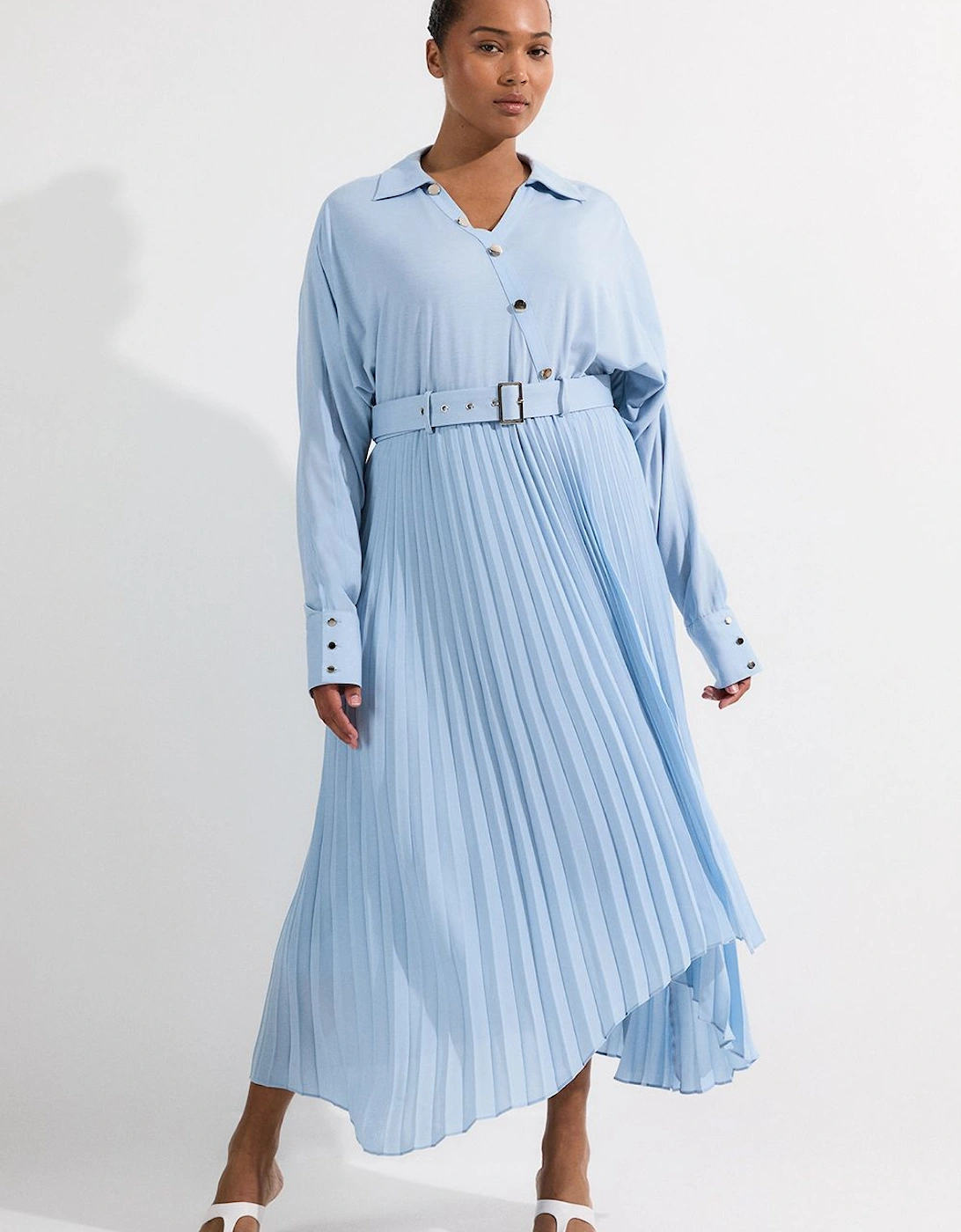 Plus Size Jersey And Georgette Mix Belted Pleat Midi Dress, 2 of 1