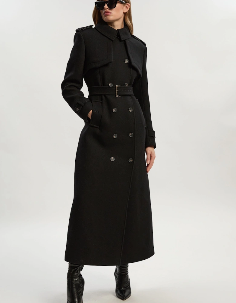 Wool Pu Mix Tailored Belted Trench Maxi Coat