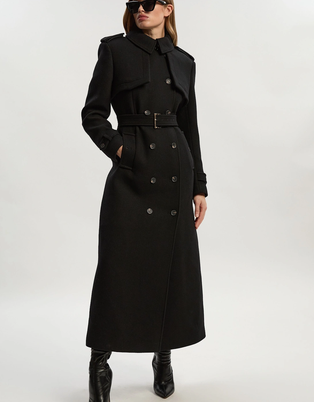 Wool Pu Mix Tailored Belted Trench Maxi Coat, 2 of 1