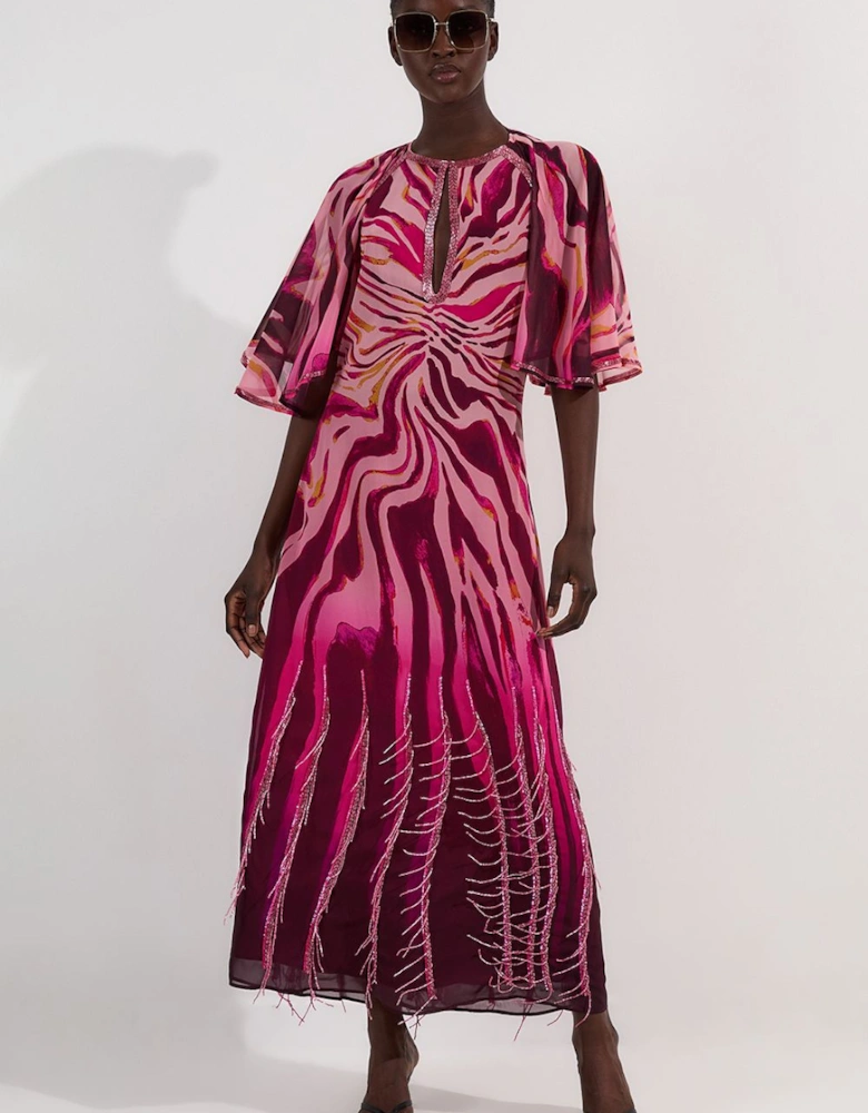 Animal Print Georgette Embellished Short Sleeve Woven Maxi Dress