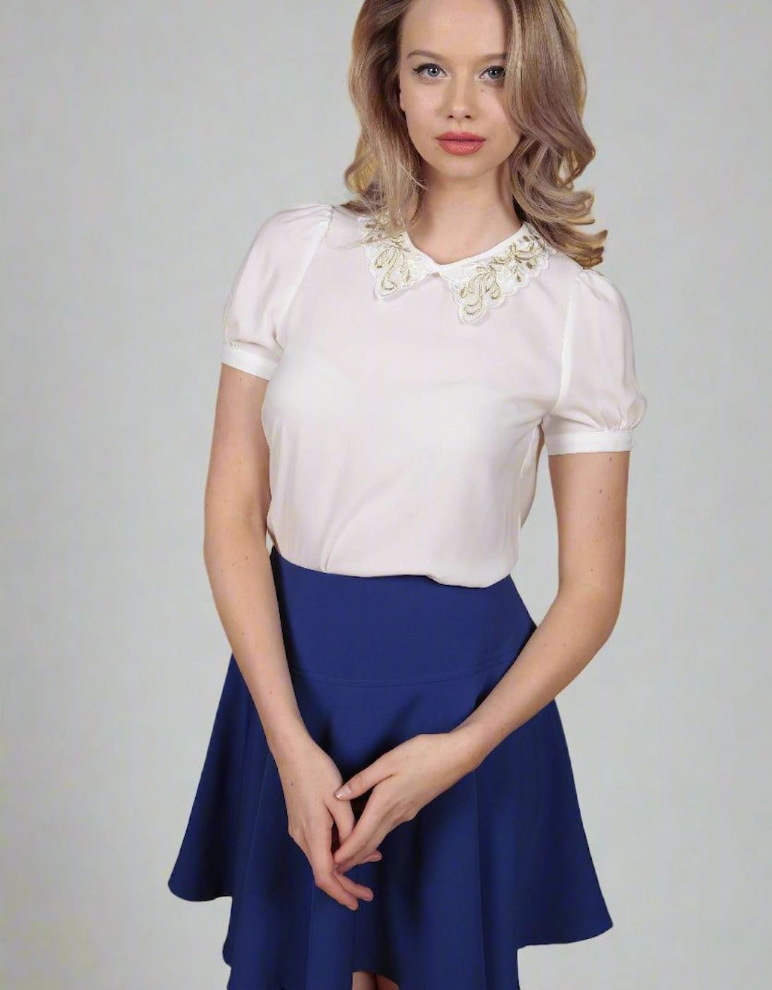 Puff Sleeve Blouse with Embroidered Scalloped Collar, 2 of 1
