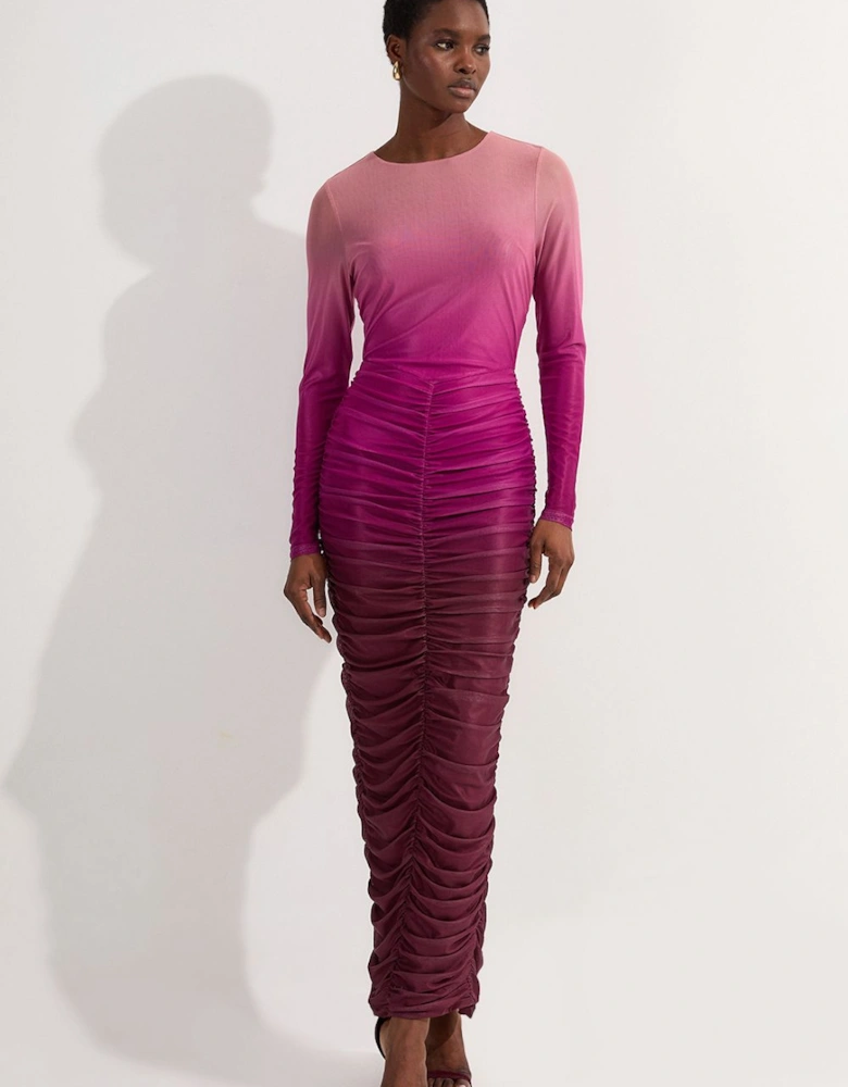 Petite Ombre Printed Mesh Ruched Long Sleeve Midi Dress
