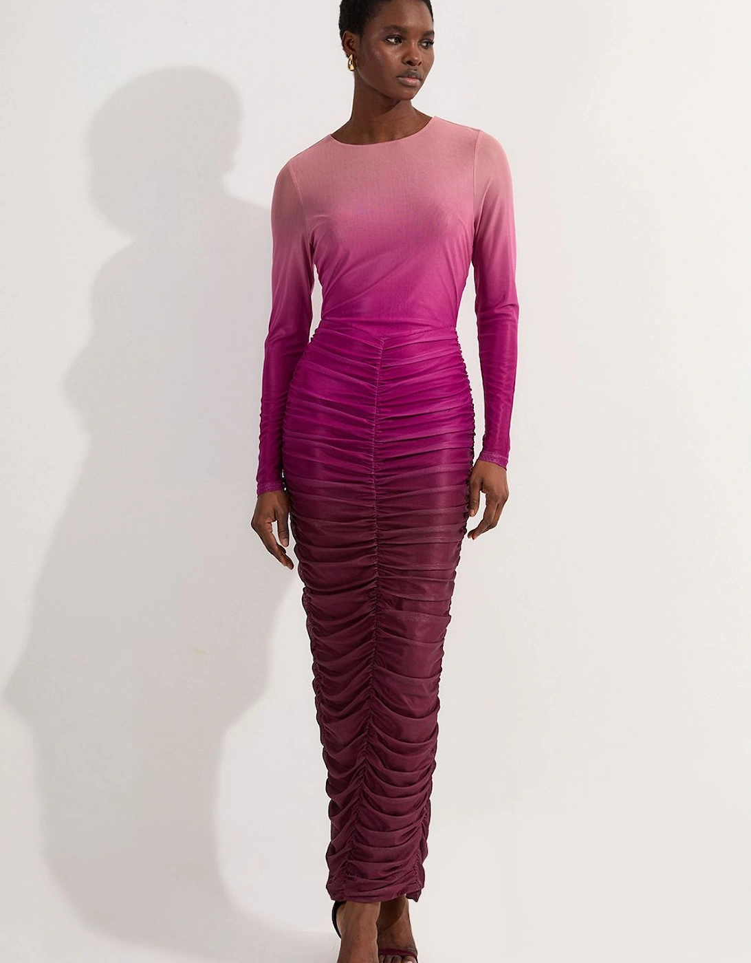 Petite Ombre Printed Mesh Ruched Long Sleeve Midi Dress, 2 of 1