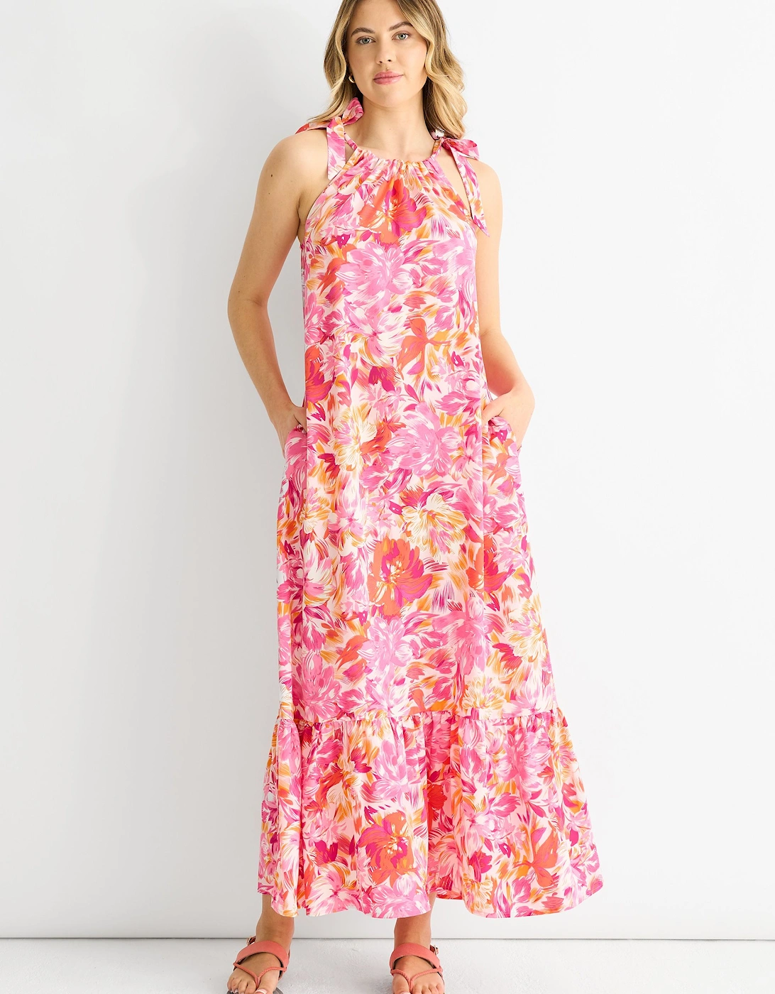 Red Floral Tie Straps Trapeze Dress, 2 of 1