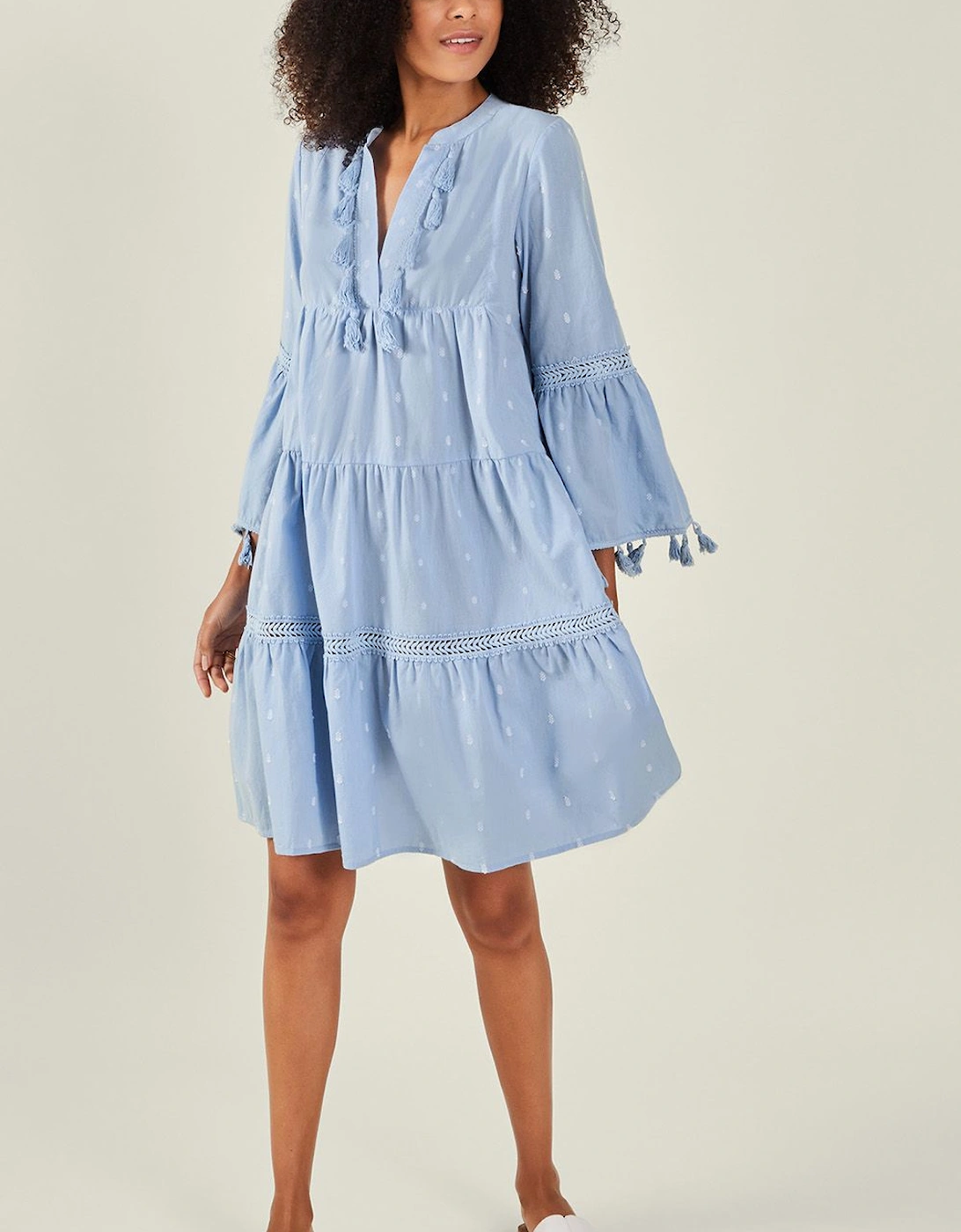 Flute Sleeve Tassel Tiered Mini Dress, 2 of 1