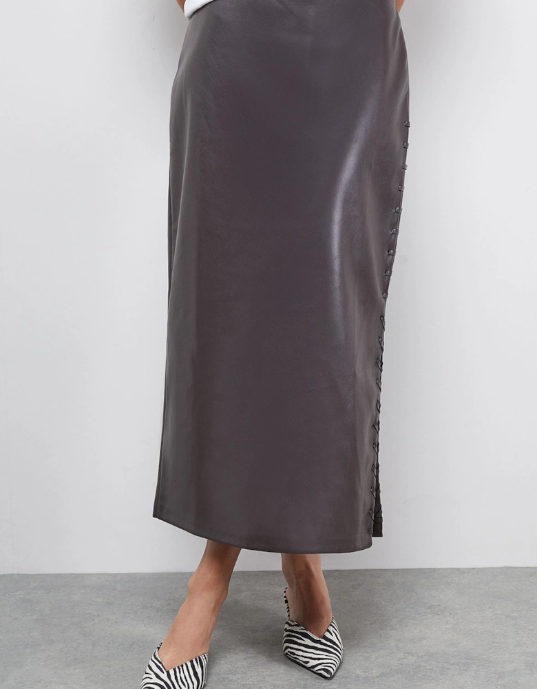 Faux Leather Whipstitch Detail Midi Skirt