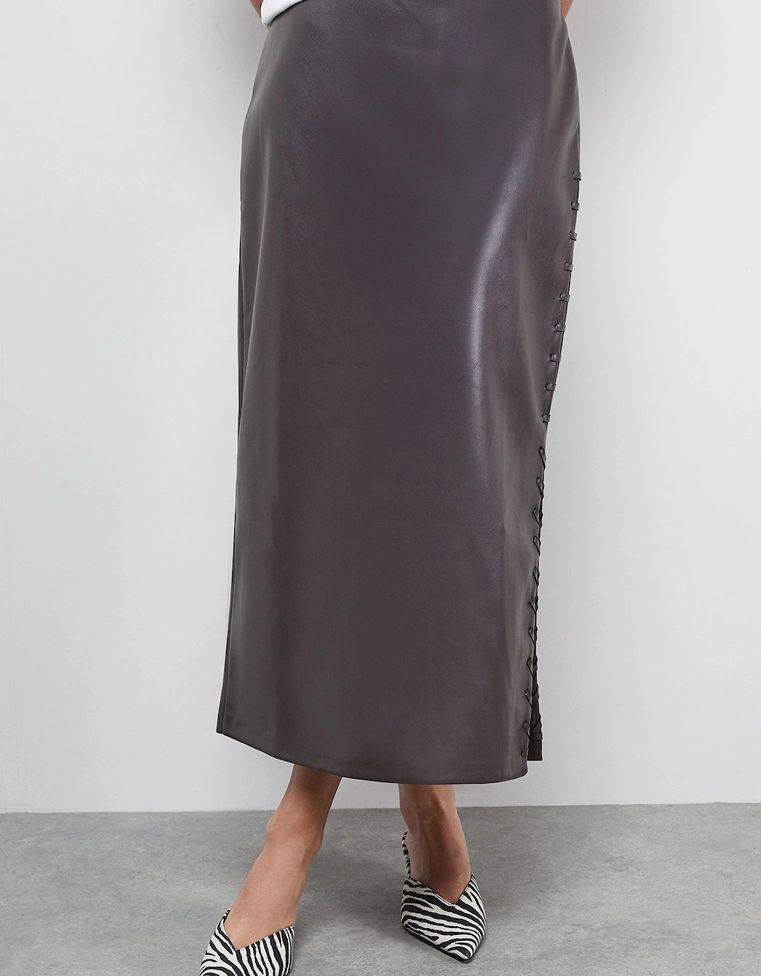 Faux Leather Whipstitch Detail Midi Skirt, 2 of 1