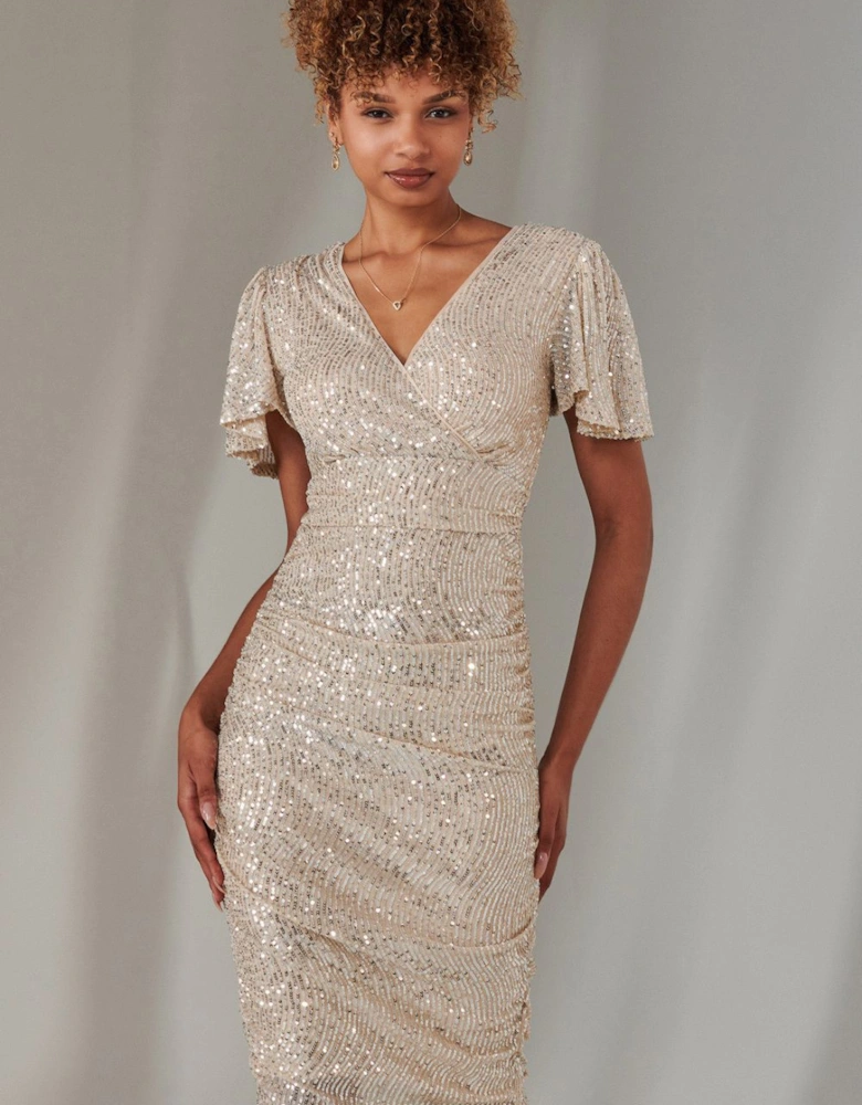 Flare Sleeve Ruched Sequin Dress