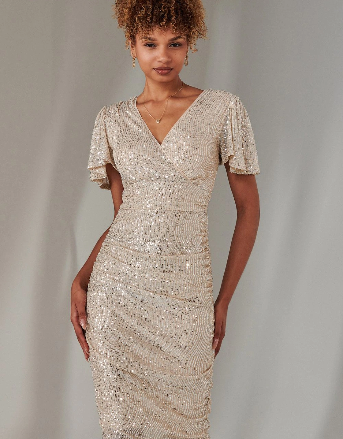 Flare Sleeve Ruched Sequin Dress, 2 of 1