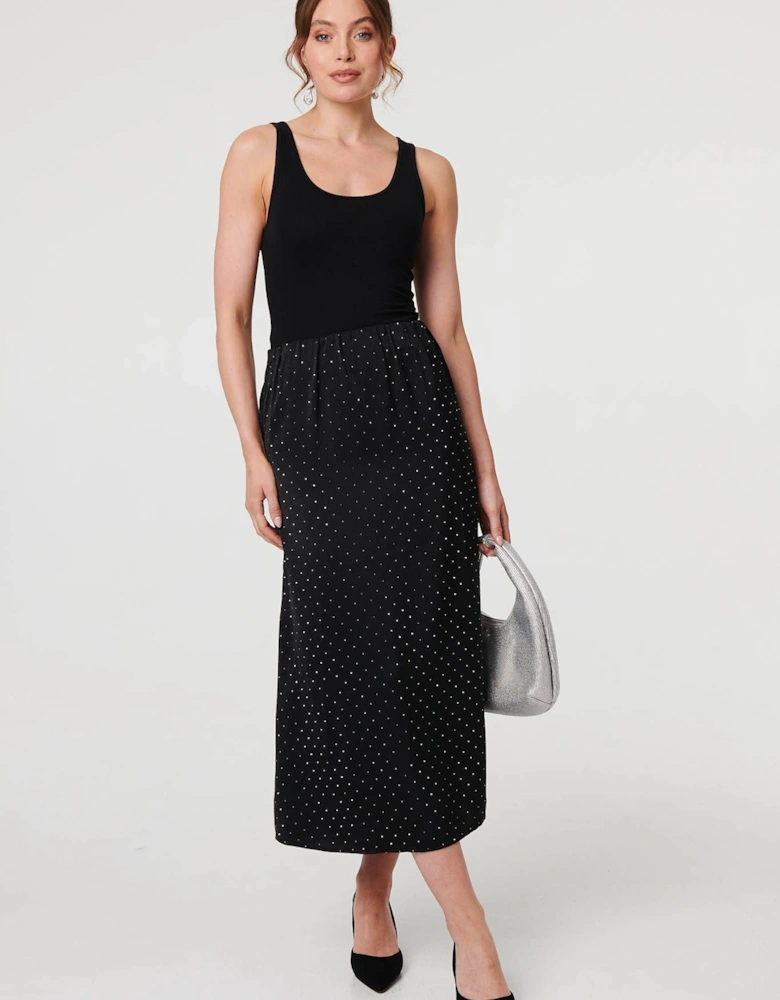 Diamante Detail High Waist Midi Skirt