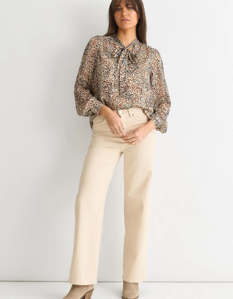 Brown Animal Print Long SLeeves Tie Neck Blouse