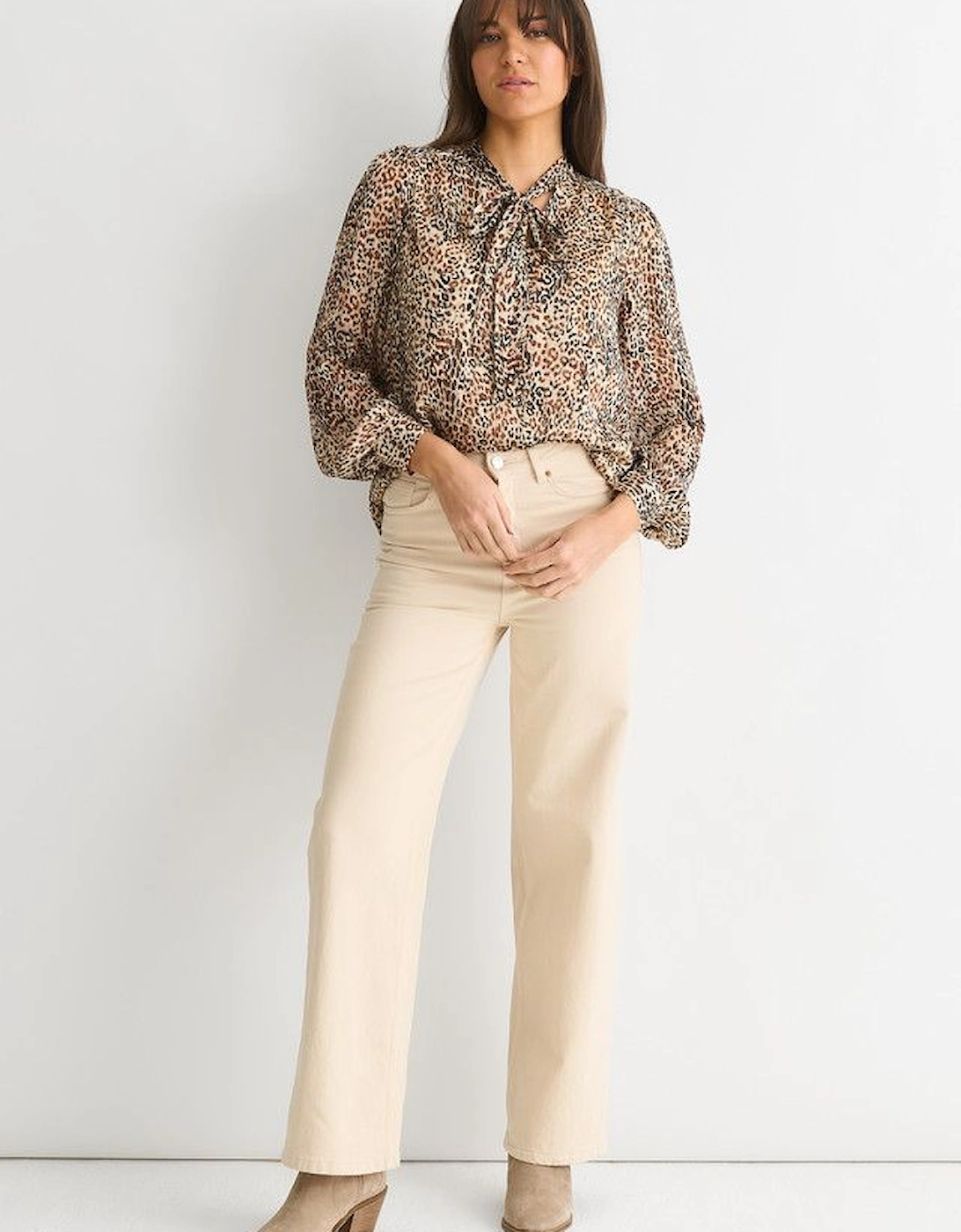 Brown Animal Print Long SLeeves Tie Neck Blouse, 2 of 1