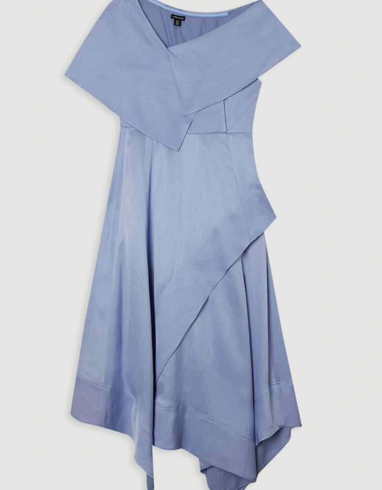 Premium Viscose Linen Tailored Asymmetric Shoulder Full Midi Dress