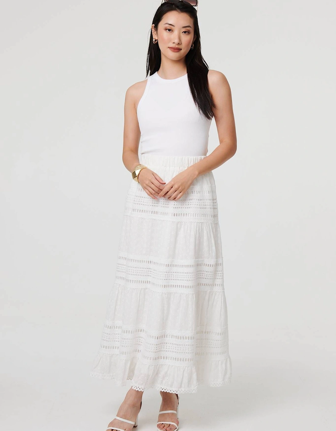 High Waist Lace Trim Tiered Maxi Skirt, 2 of 1