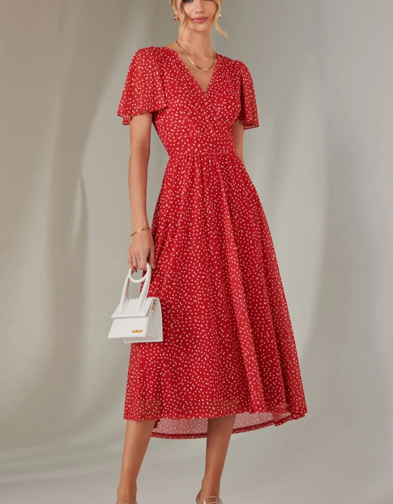 Angel Sleeve Wrap Bodice Mesh Maxi Dress