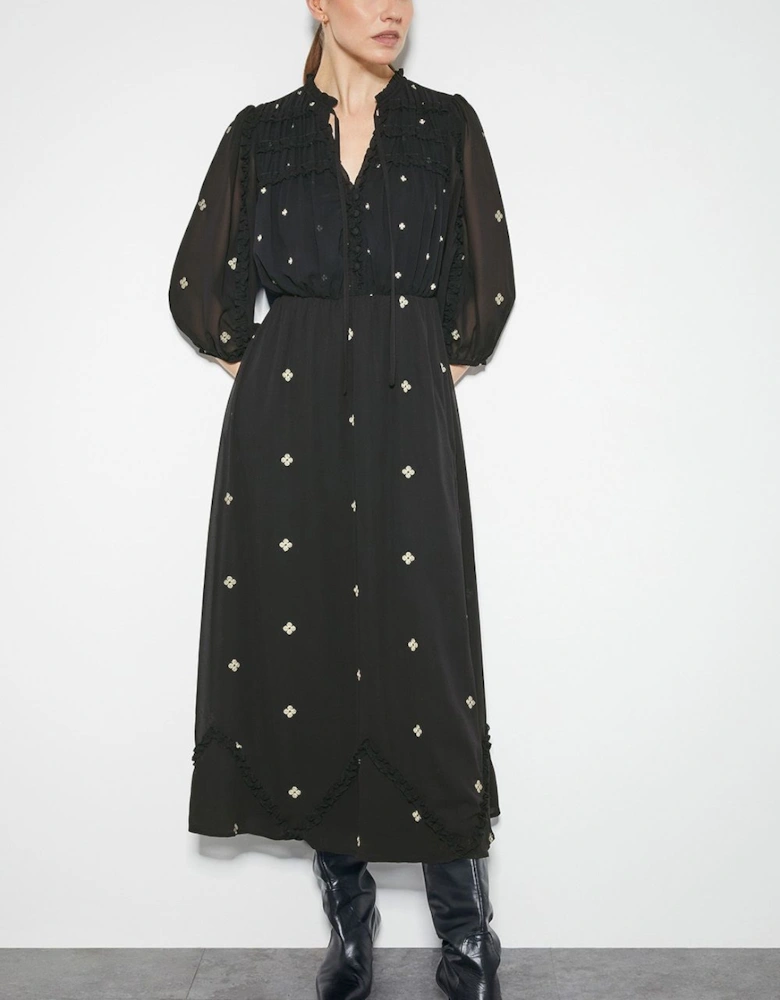Delilah Sheer Sleeve Embroidered Midi Dress Black