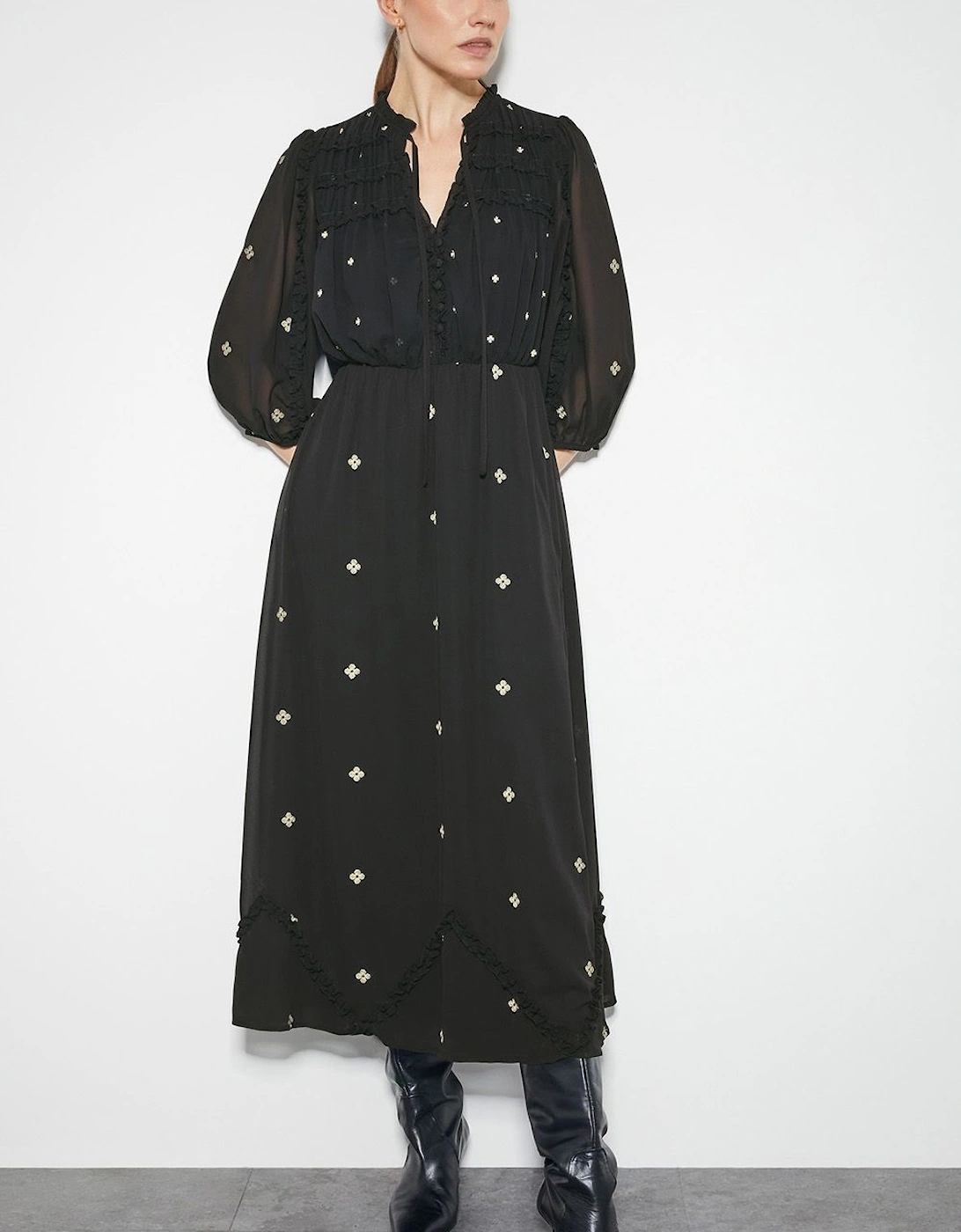 Delilah Sheer Sleeve Embroidered Midi Dress Black, 2 of 1