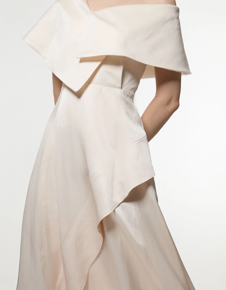 Premium Viscose Linen Tailored Asymmetric Shoulder Full Midi Dress