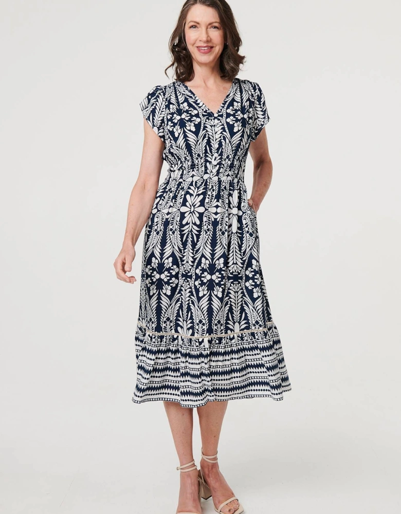 Printed Cap Sleeve Shirred Midi Dress