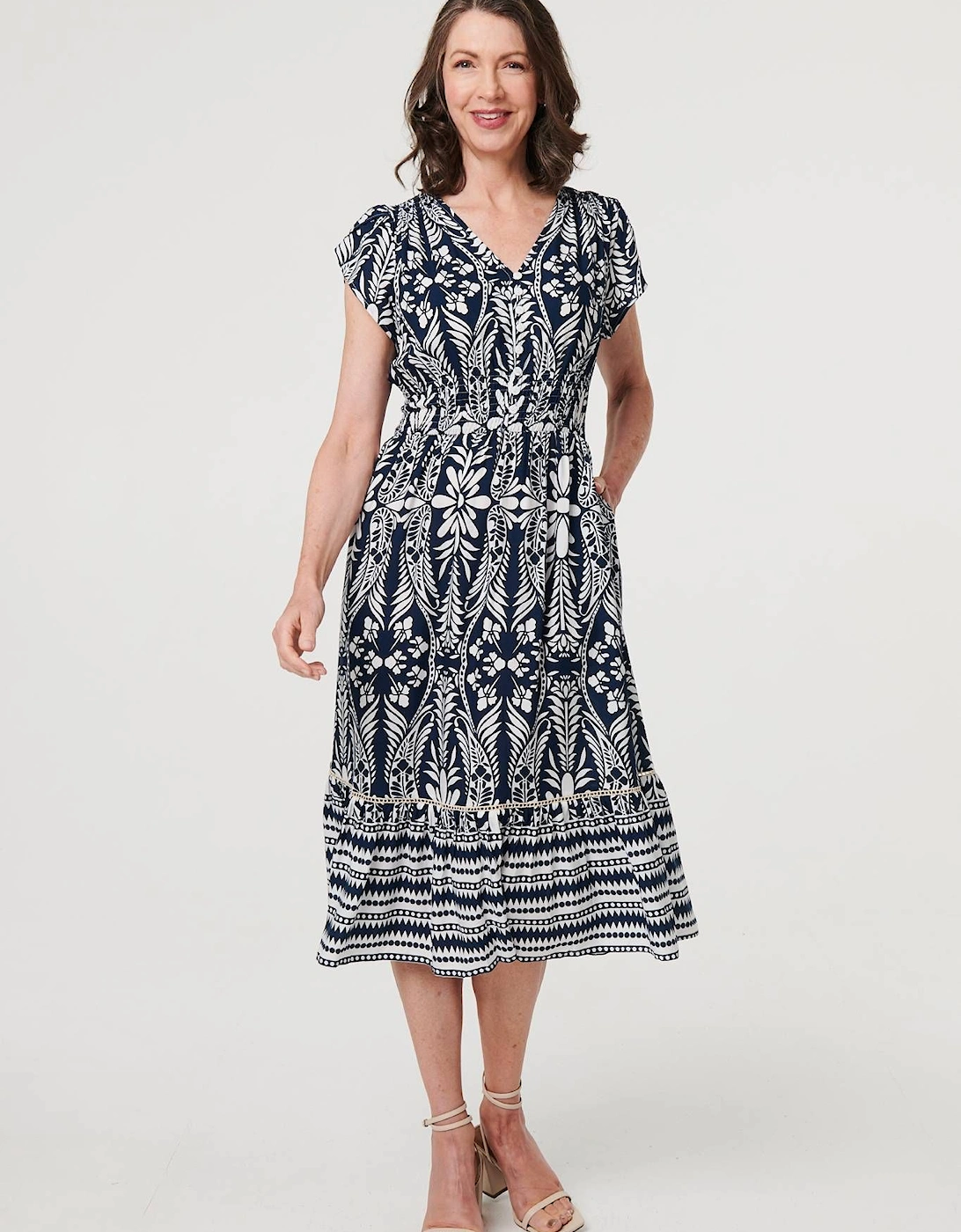 Printed Cap Sleeve Shirred Midi Dress, 2 of 1