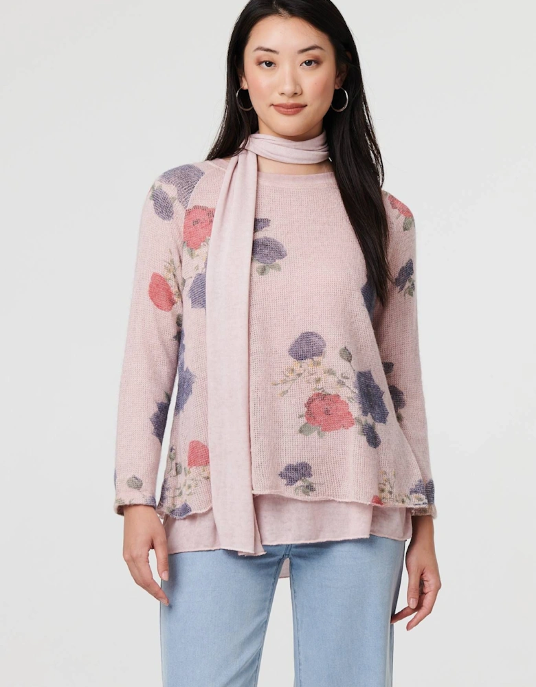 Floral Layered Tunic Top with Scarf