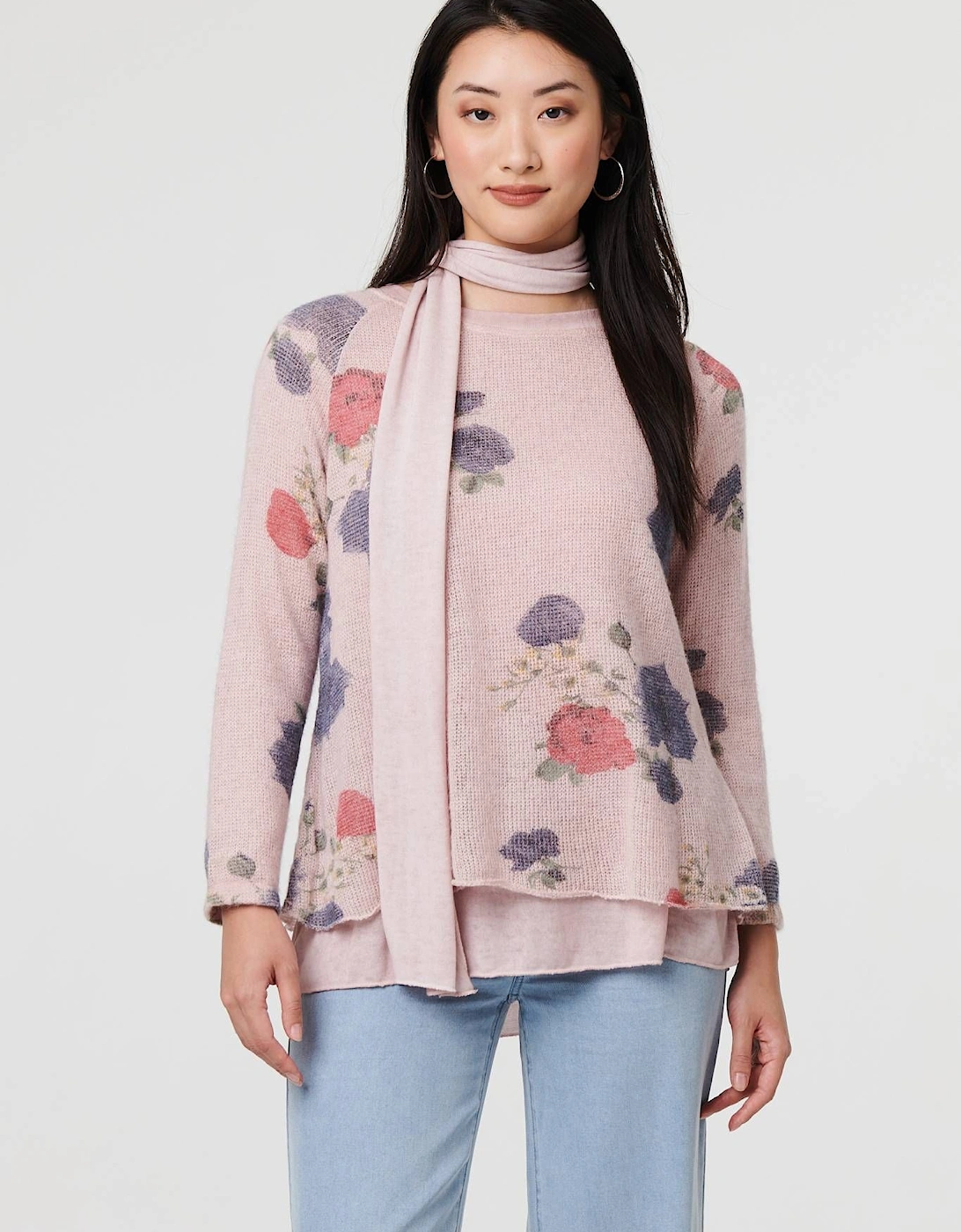 Floral Layered Tunic Top with Scarf, 2 of 1