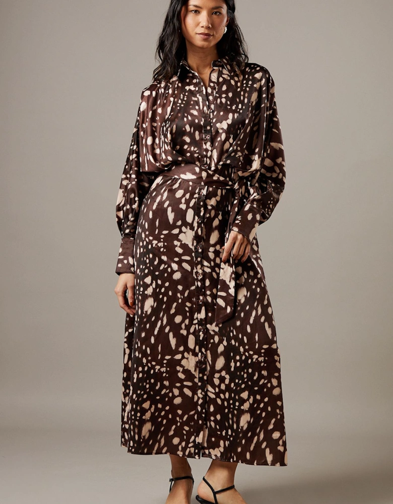 Print Satin Batwing Split Side Midi Shirt Dress