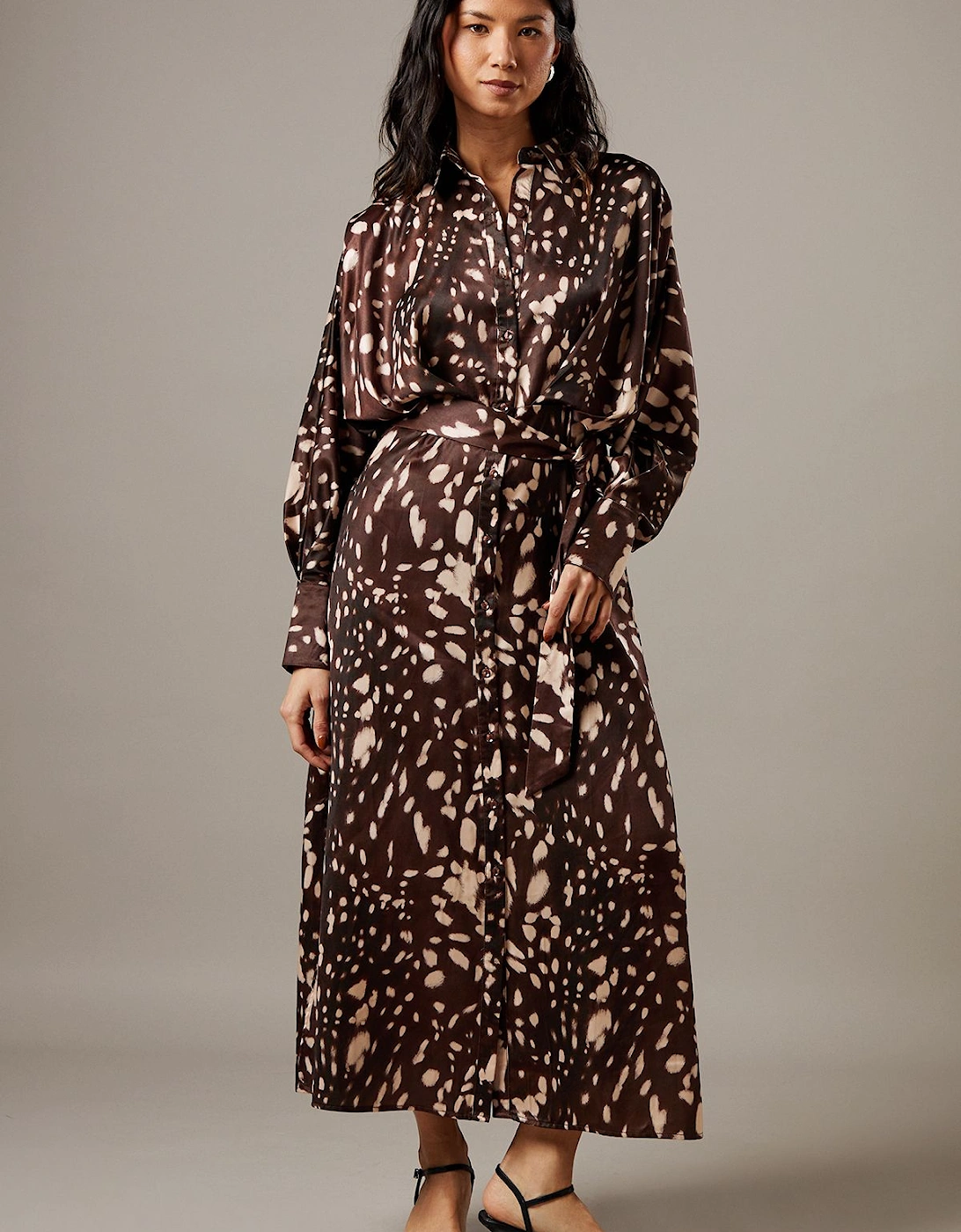 Print Satin Batwing Split Side Midi Shirt Dress, 2 of 1
