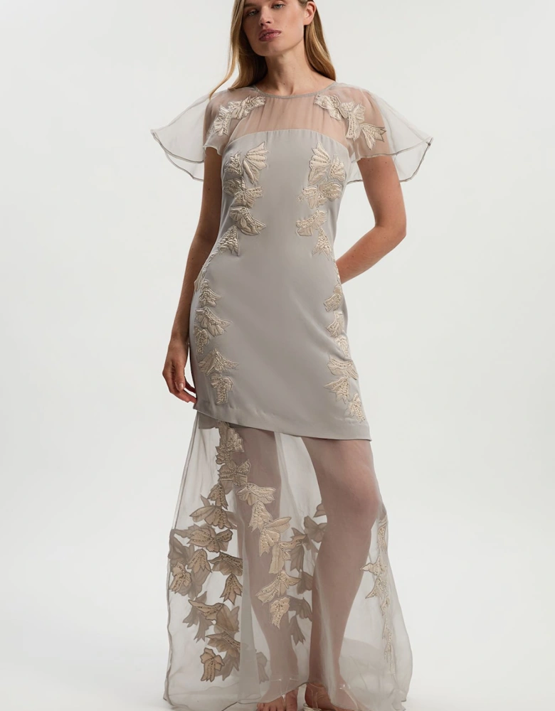 Tall Quilted Applique Organdie Angel Sleeve Woven Maxi Dress