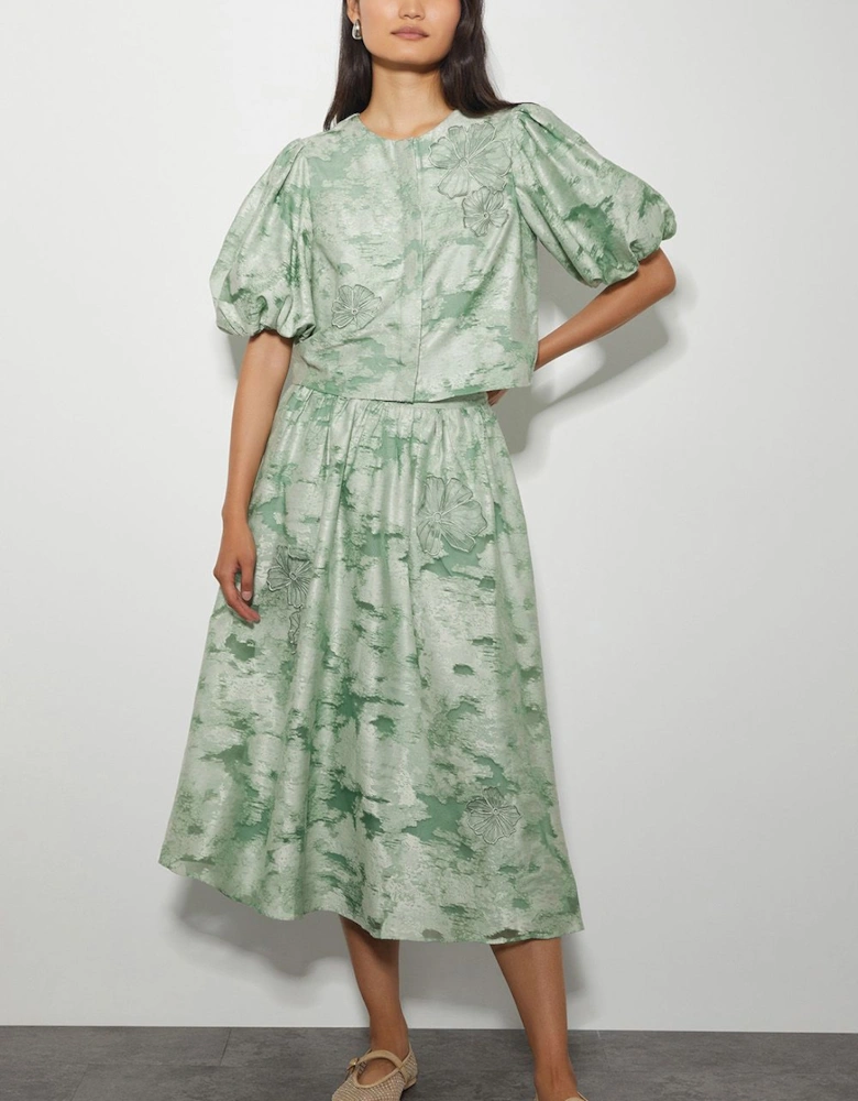 Josie Puff Sleeve Floral Jacquard Top Green