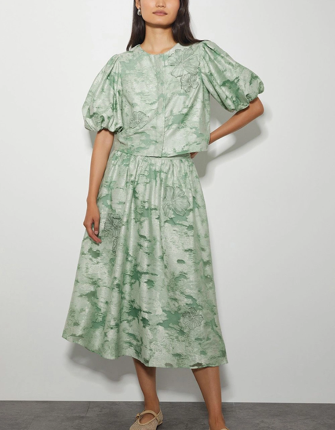 Josie Puff Sleeve Floral Jacquard Top Green, 2 of 1