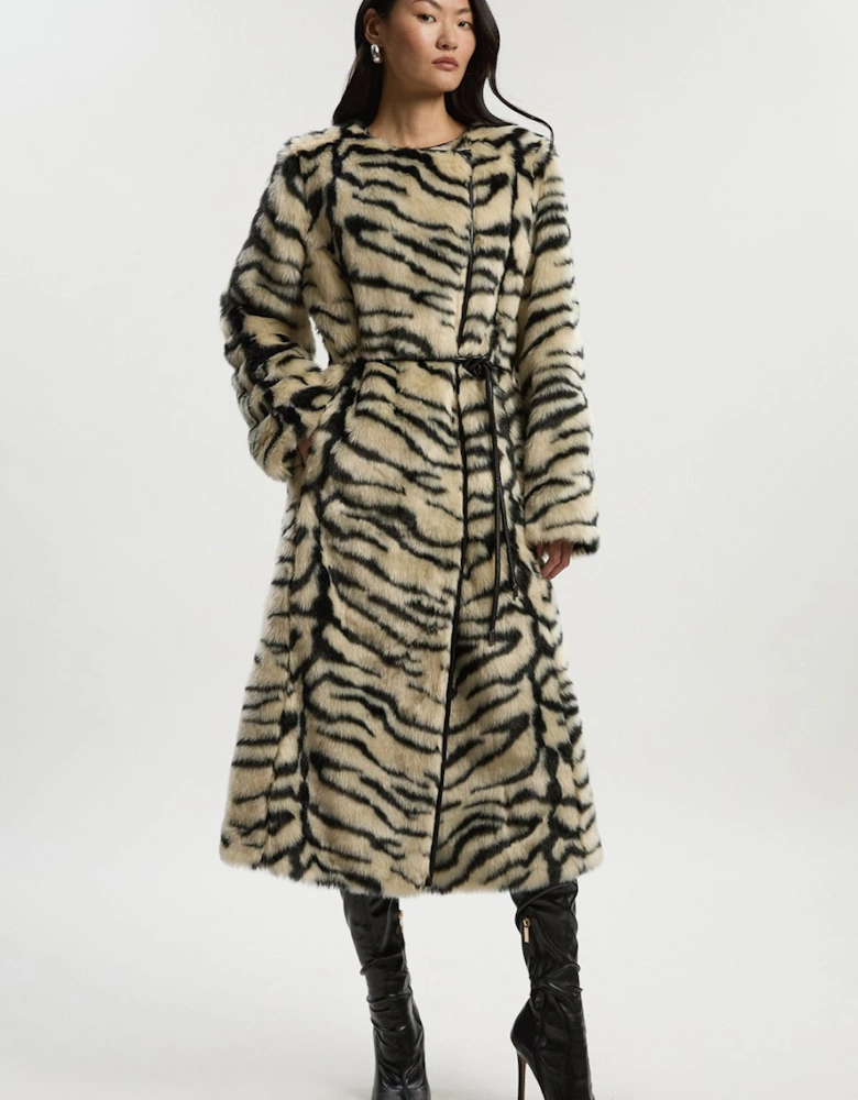 Faux Fur Zebra Collarless Tie Belted Midi Coat