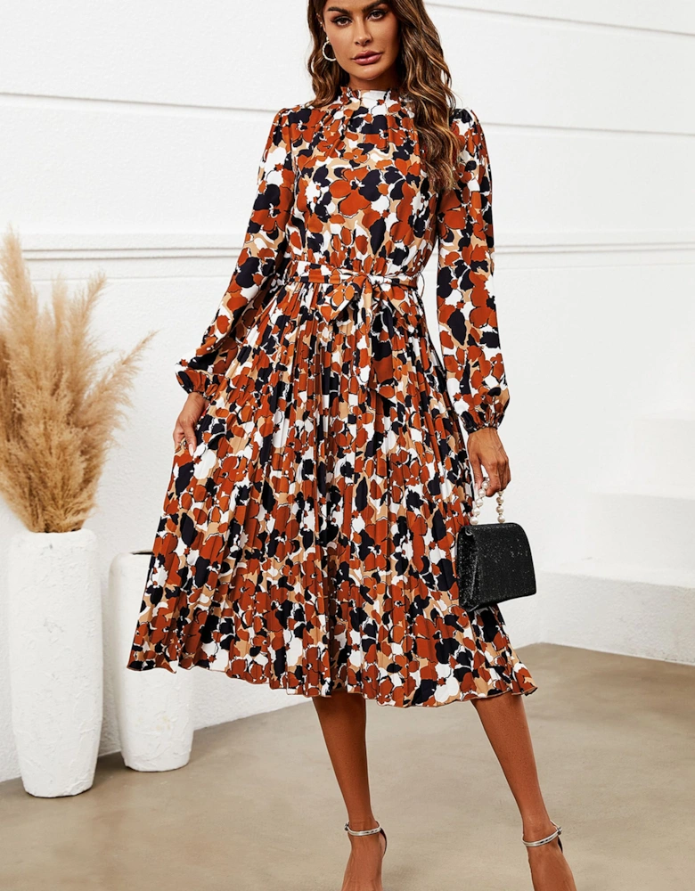 Floral Print High Neck Long Sleeve Midi Dress In Rust