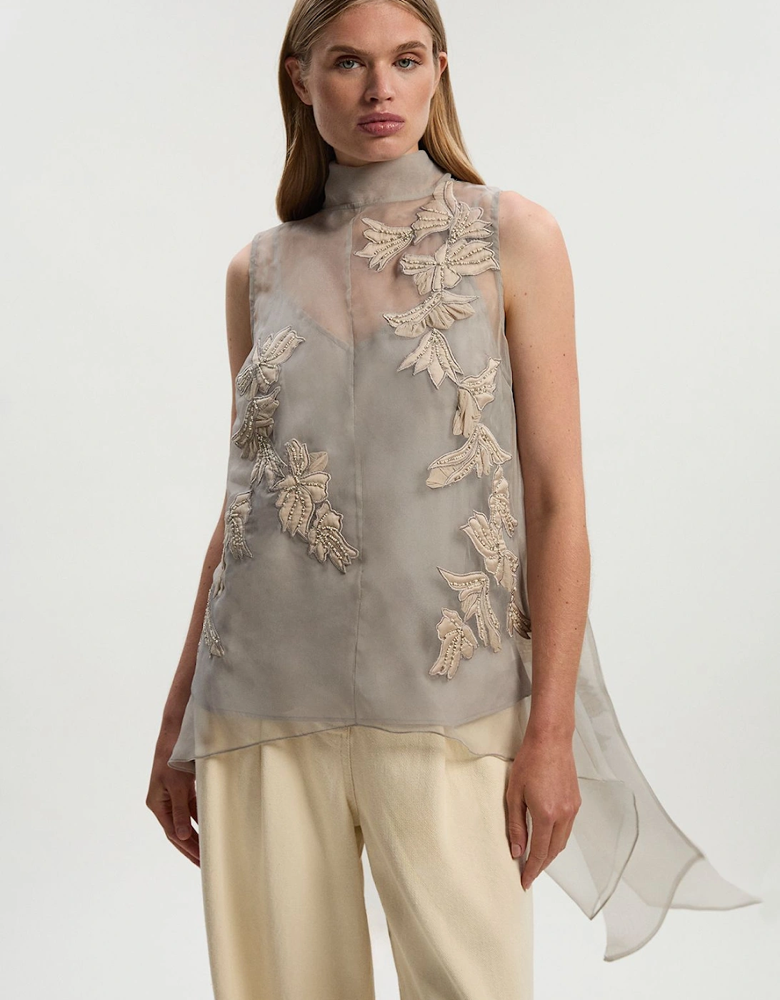 Quilted Applique Organdie Woven Drape Back Blouse, 2 of 1