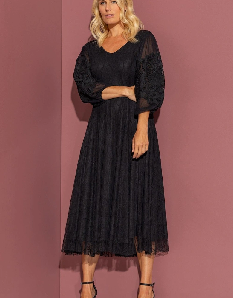 Puff Sleeve Mesh Lace Midi Dress