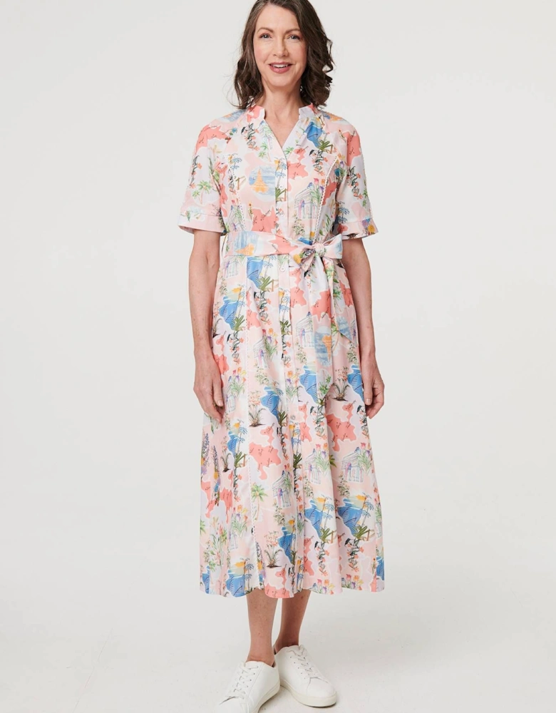 Printed Tie Waist 1/2 Sleeve Midi Dress