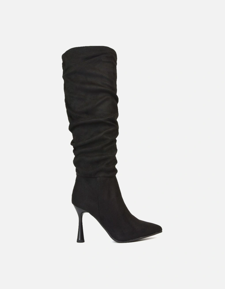 'Andi' Knee High Stiletto Heeled Ruched Pointed Toe Boots