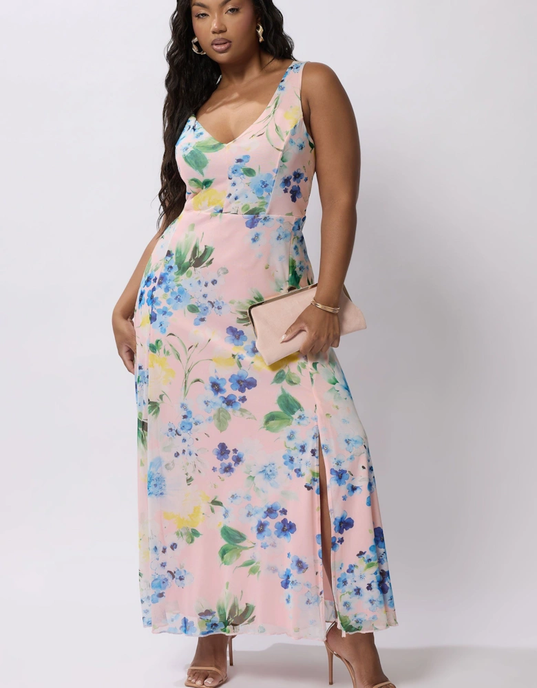 Floral Print Mesh Sleeveless Maxi Dress