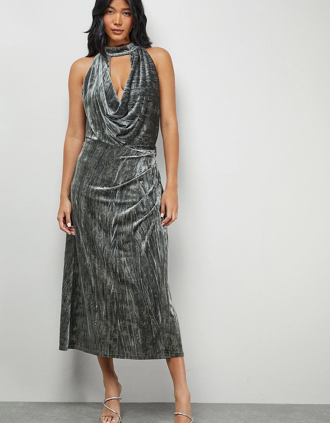 Metallic Velvet Halter Cowl Neck Midi Dress, 2 of 1
