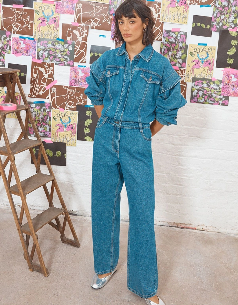 Tony Denim Jumpsuit With Stepped Shoulder Detail
