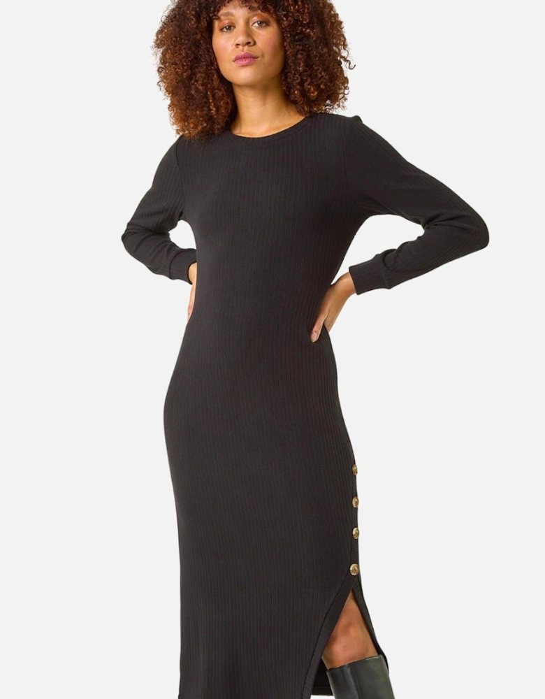 Ribbed Button Detail Stretch Midi Dress