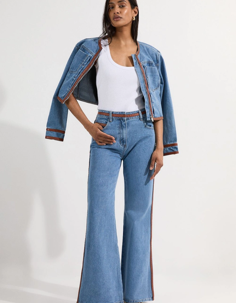 Denim & Faux Leather Tipped Side Skinny Flare Jean
