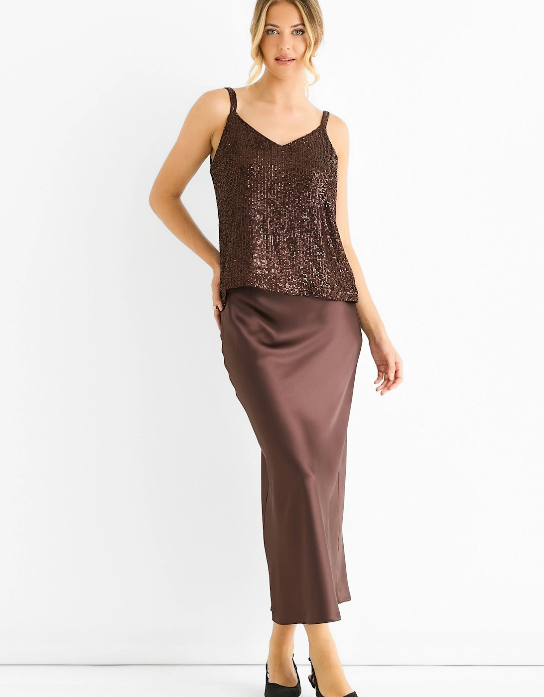 Chocolate Sequin V Neck Cami Top, 2 of 1